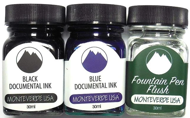 Monteverde Fountain Pen Ink Bottles, Documental Black & Blue W/ Pen Flush 3 Monteverde Fountain Pen Ink Bottles, Documental Black & Blue W/ Pen Flush