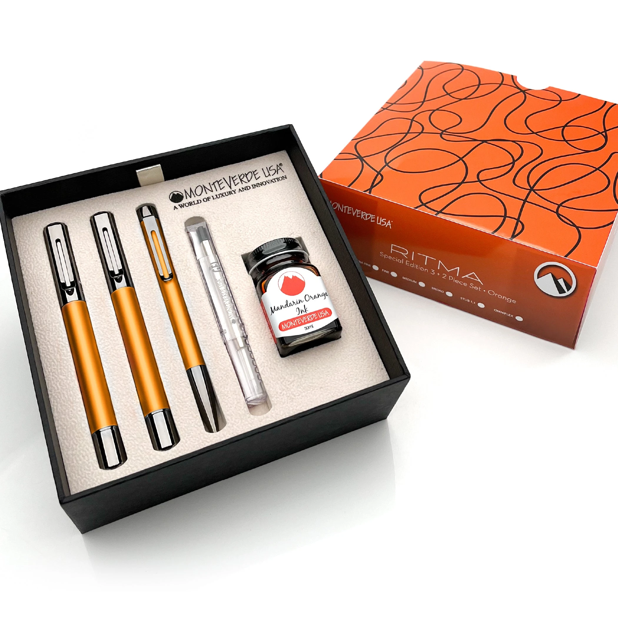 Monteverde Ritma Special Edition Ballpoint, Rollerball & Fountain Pen Set, Anodized Orange 3 Monteverde Ritma Special Edition Ballpoint, Rollerball & Fountain Pen Set, Anodized Orange